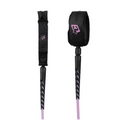 a surfboard leash with both ends pictured, ankle and surfboard attachment. beautiful guava pink leash rope for a pop of color 