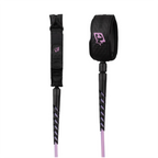 a surfboard leash with both ends pictured, ankle and surfboard attachment. beautiful guava pink leash rope for a pop of color 