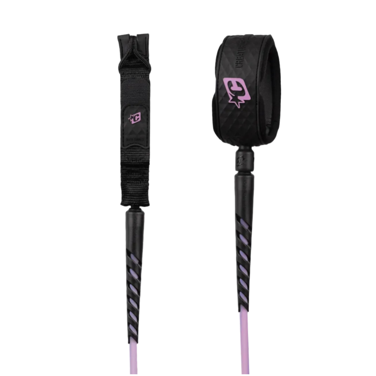 a surfboard leash with both ends pictured, ankle and surfboard attachment. beautiful guava pink leash rope for a pop of color 