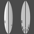 White surfboard with black markings on a gray background